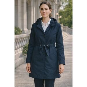 Elizabeth McKay Navy Blue Trench Coat Sz 8 Ruffle Collar Preppy Classic Minimal